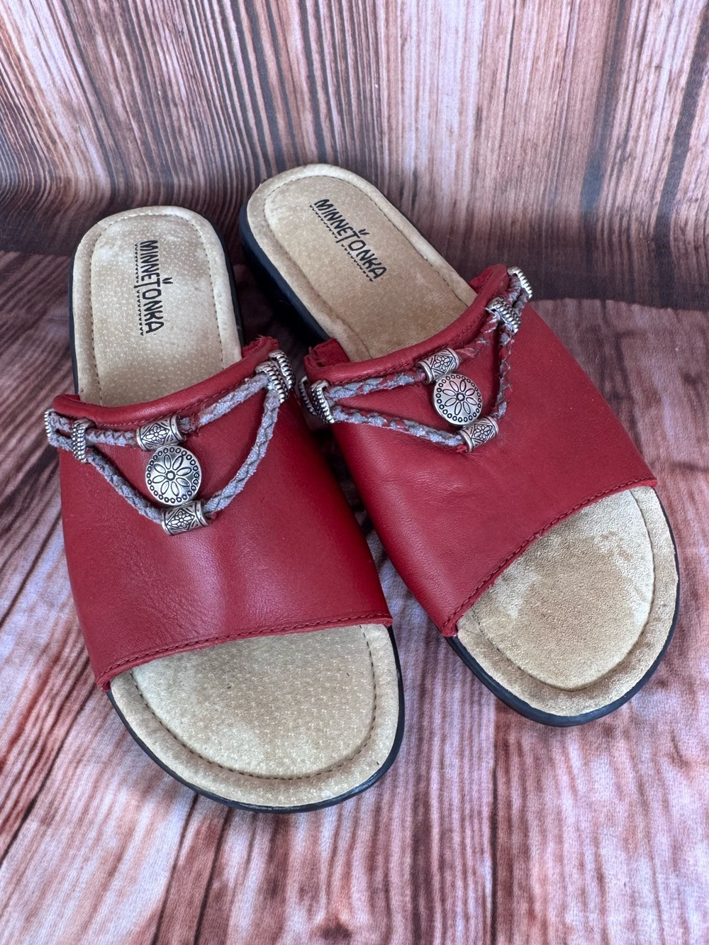 Minnetonka Red Burgundy Leather Slides Sandals